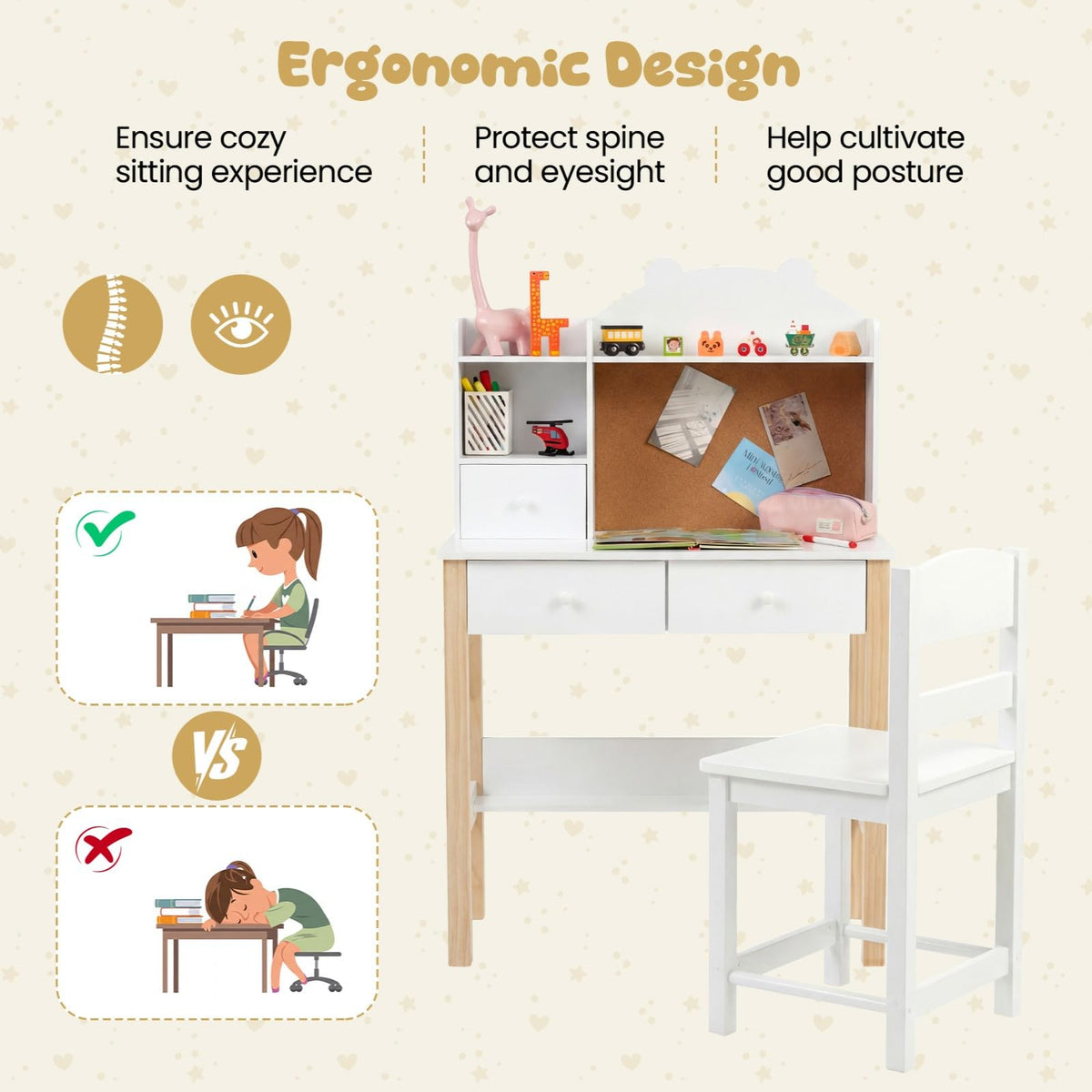 Kids Desk and Chair Set, Wooden Children Study Table with Storage Hutch