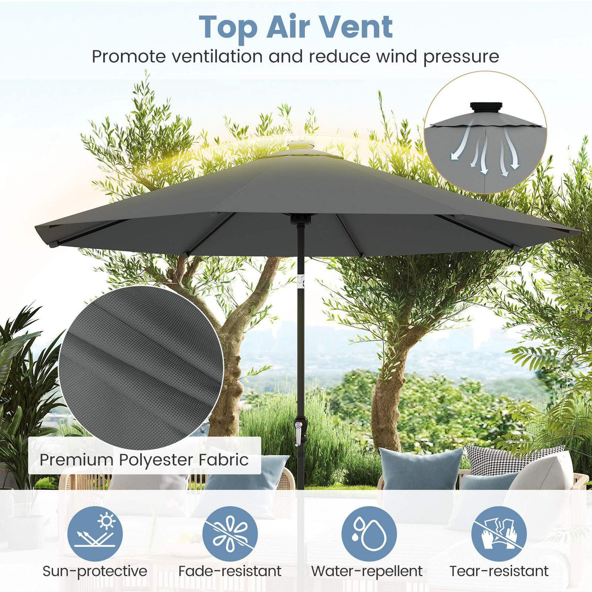 3 m Solar Patio Umbrella w/ 96 LED Lights, 9 Modes