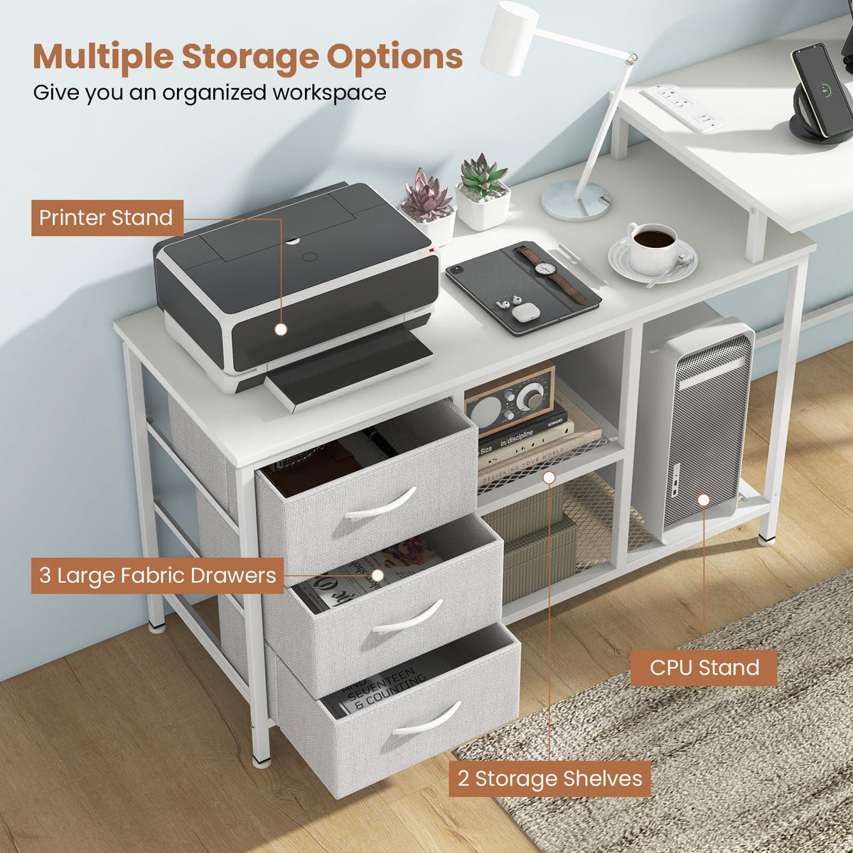 Giantex L-Shaped Computer Desk with Power Outlet, Convertible Corner Desk with 3 Fabric Drawers & Metal Mesh Shelves