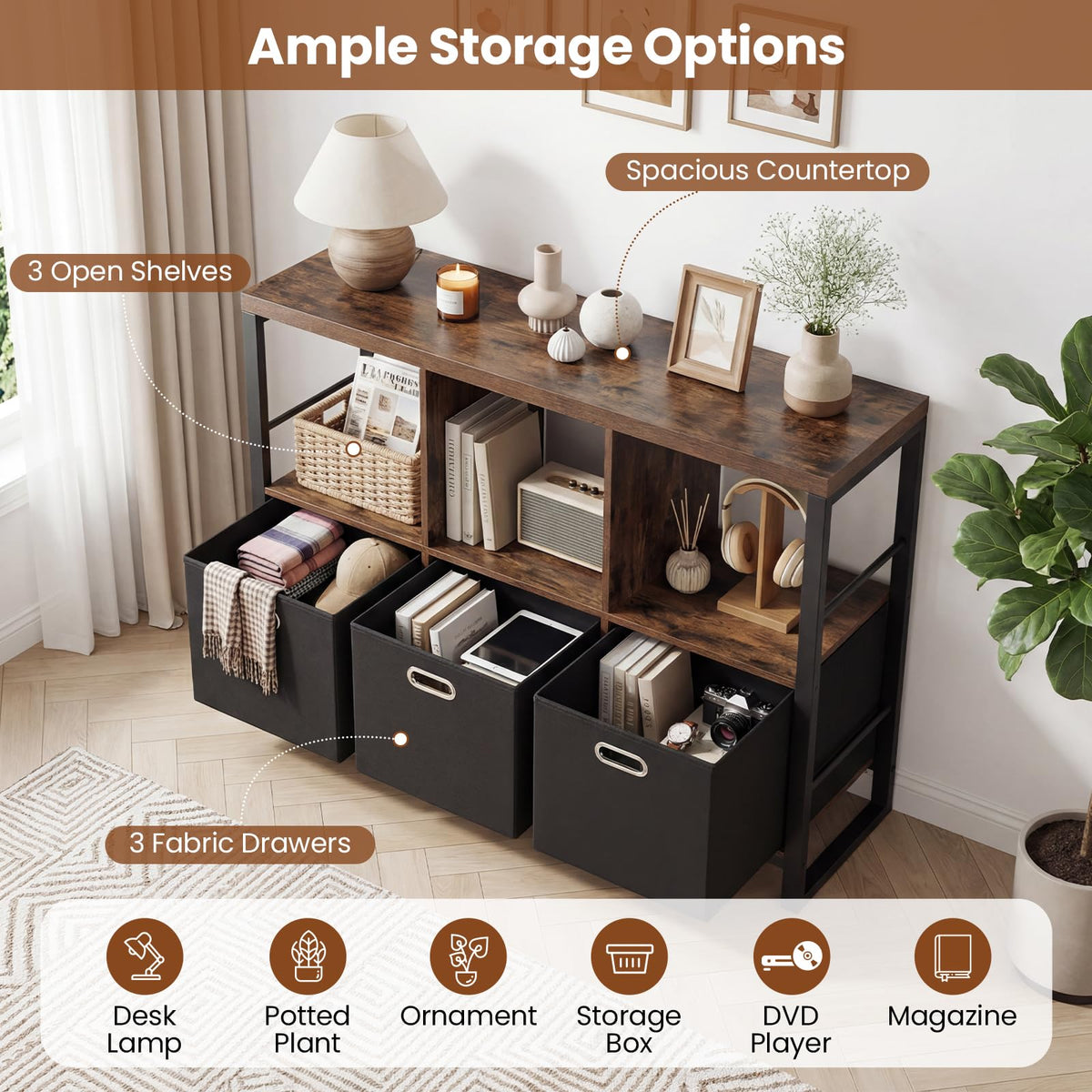 6 Cube Storage Organizer with 3 Bins Industrial Metal Frame Bookshelf 2-Tier