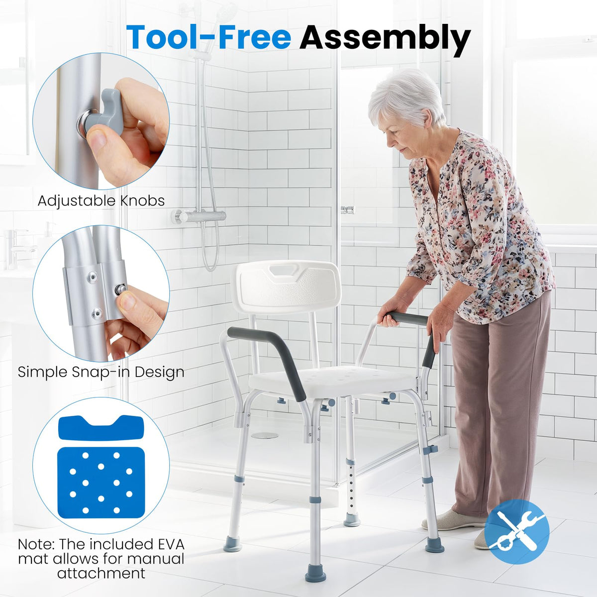 6-PositionAdjustable Height Shower Chair with Back and Arms