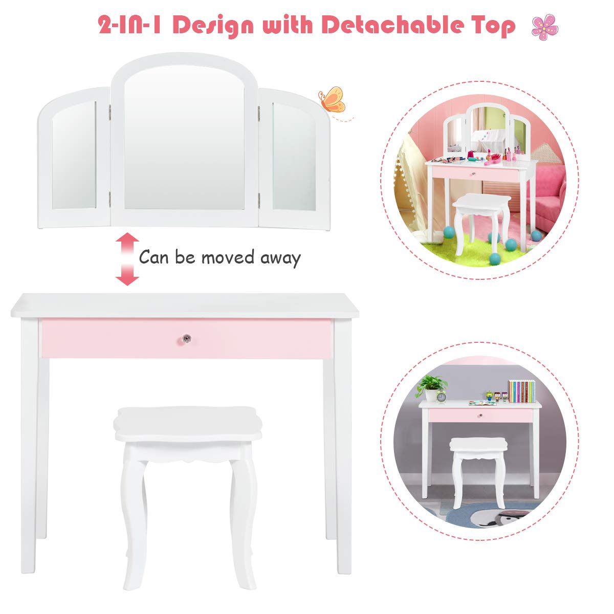 Kids Vanity Table and Chair Set, Princess Makeup Dressing Table with Drawer & Tri-Folding Mirror