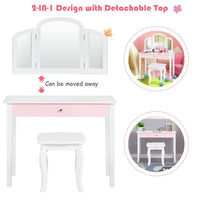 Kids Vanity Table and Chair Set, Princess Makeup Dressing Table with Drawer & Tri-Folding Mirror