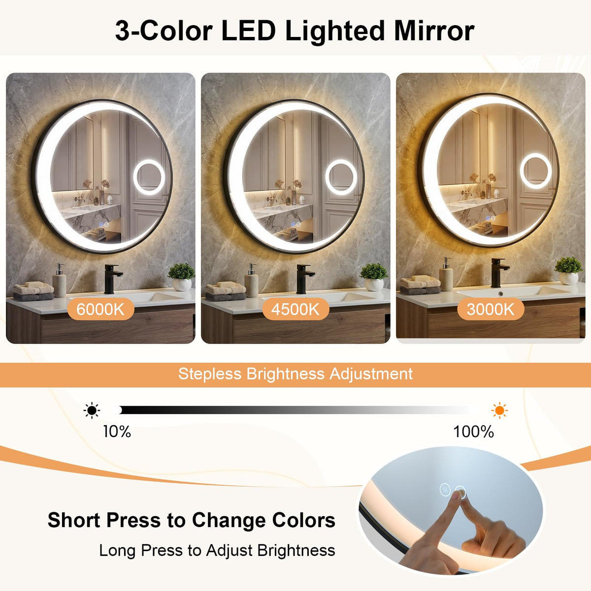 61 cm Round LED Bathroom Mirror with Anti-Fog Function and 3 Light Colors