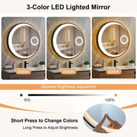 61 cm Round LED Bathroom Mirror with Anti-Fog Function and 3 Light Colors