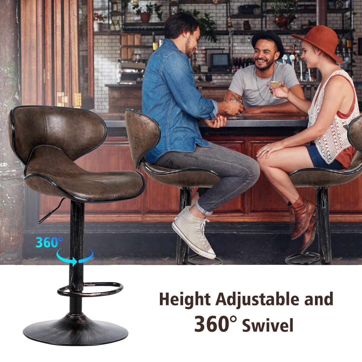 Giantex Bar Stool Set of 2, Adjustable Swivel Counter Height Chair w/Footrest & Heavy-Duty Base, Retro Brown