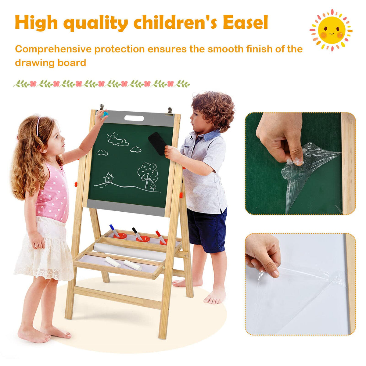 3-In-1 Foldable Kids Easel with Adjustable Height and Chalks Pens
