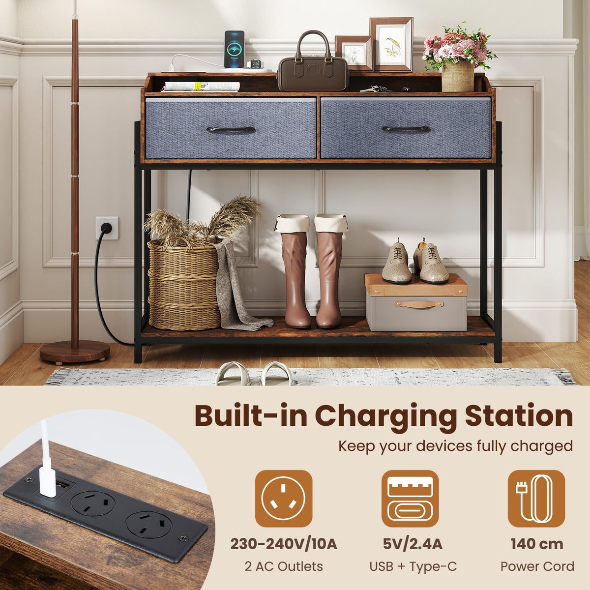 Giantex Console Table with Charging Station, 110 cm Narrow Entryway Table