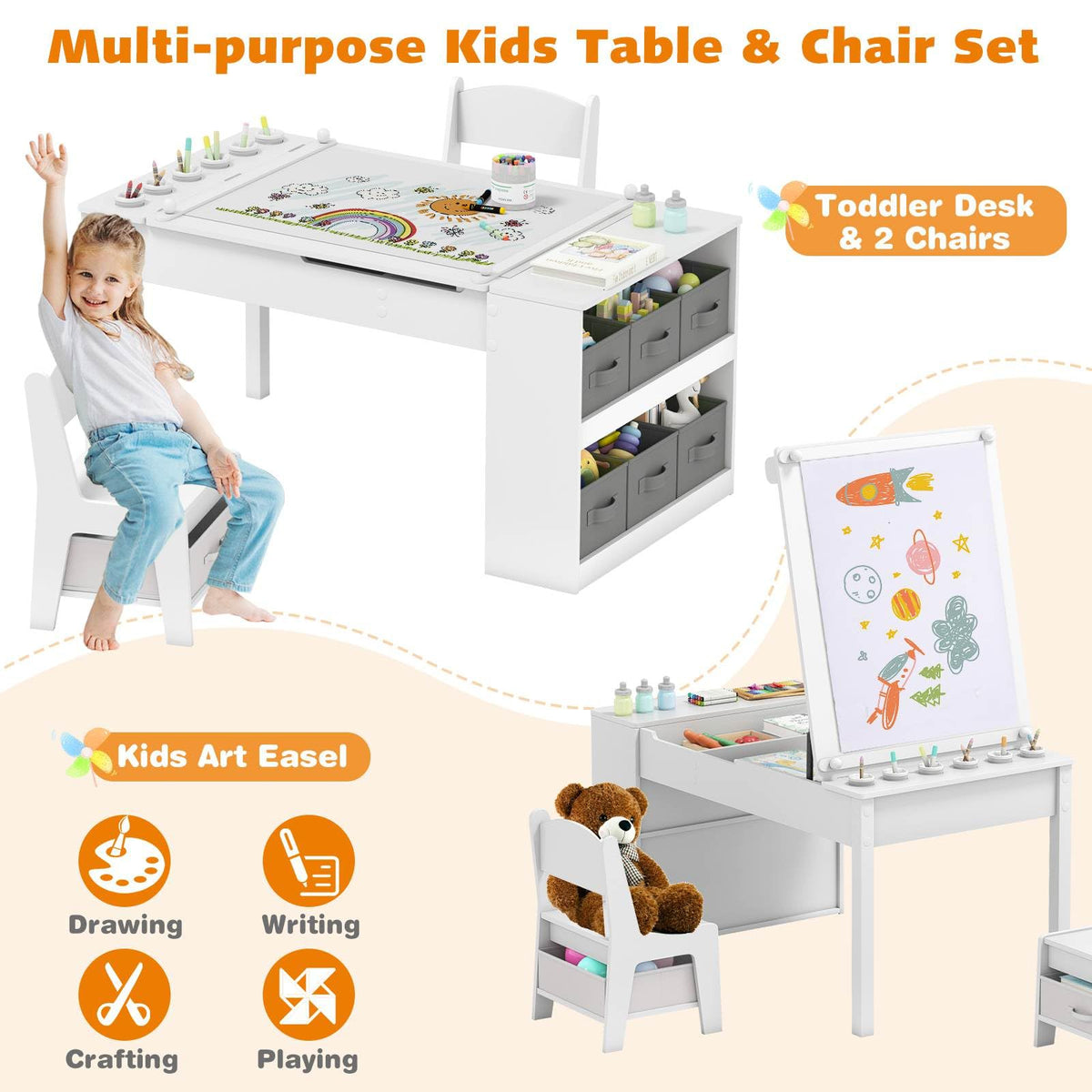 Multi-functional Kids Art Easel Table & Chair Set, Toddler Craft Drawing Writing Desk