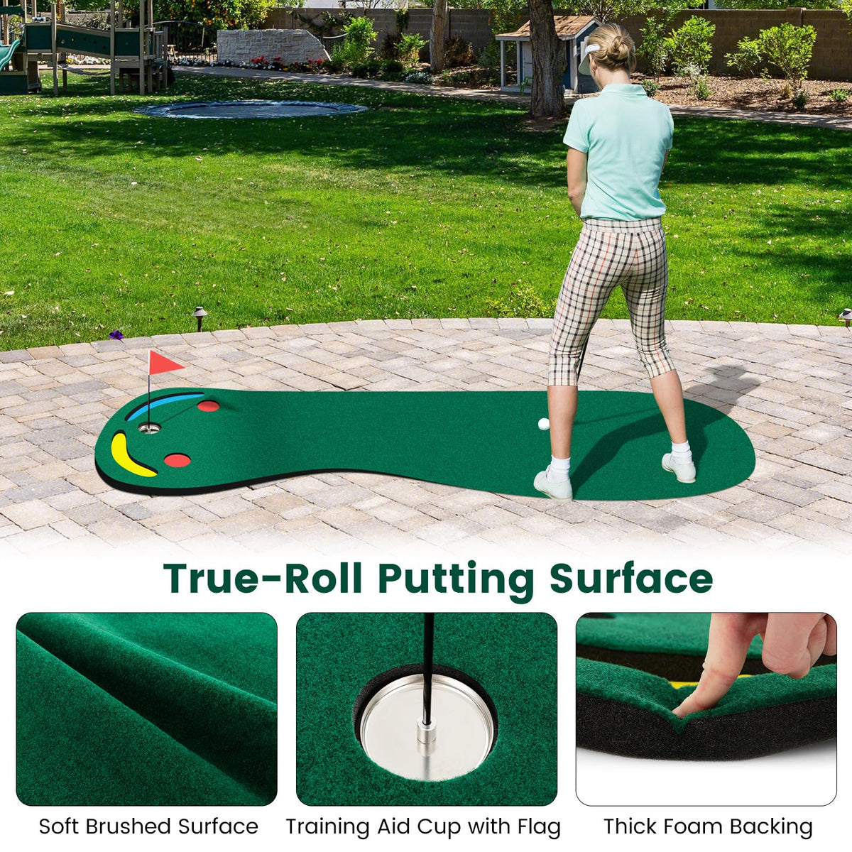 Golf Putting Green Set, Par Three Putting Mat with 3 Putting Cups