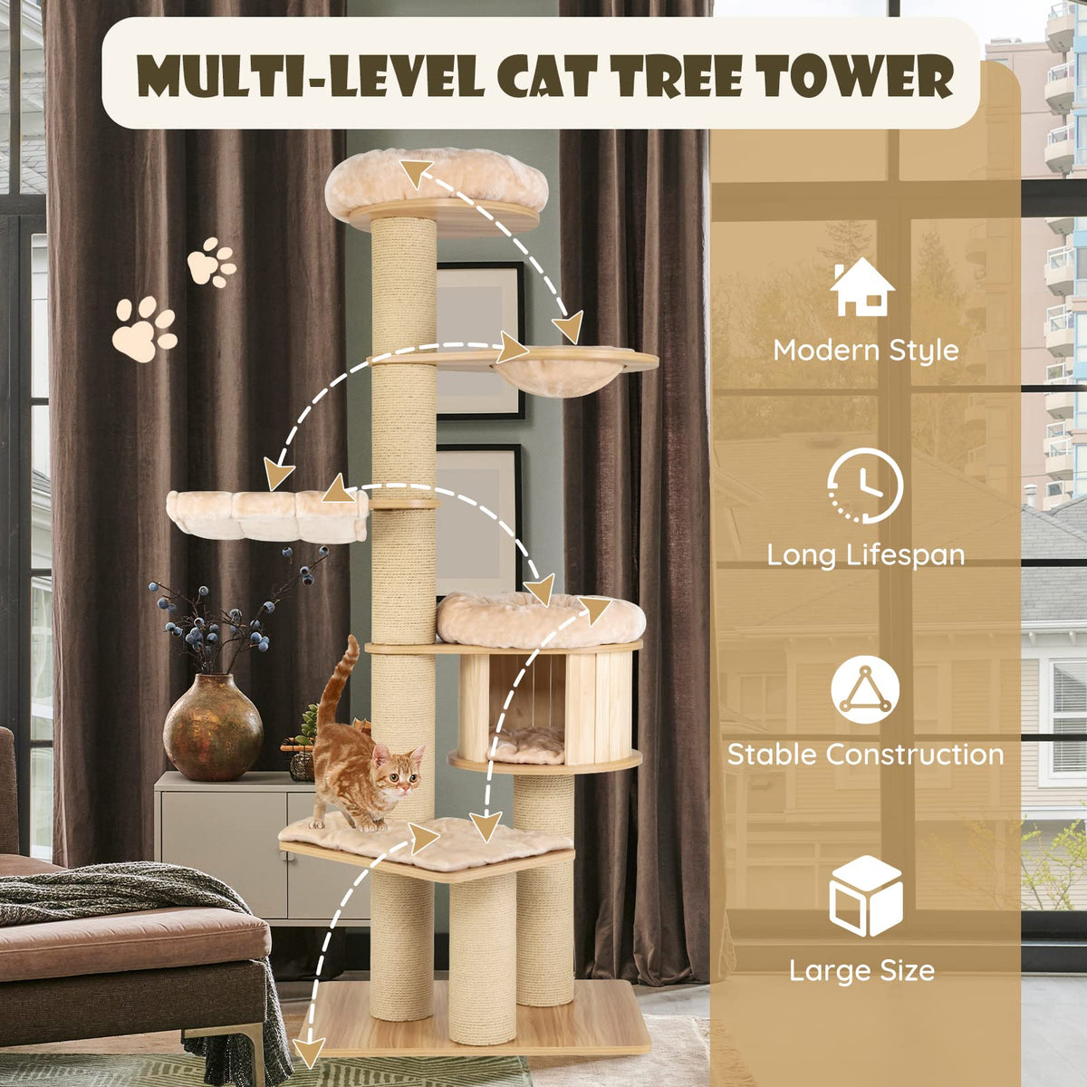 191cm Multi-Level Cat Tree Tower for Indoor Cats, Large Cat Tree Stand w/Wood Cat Condo