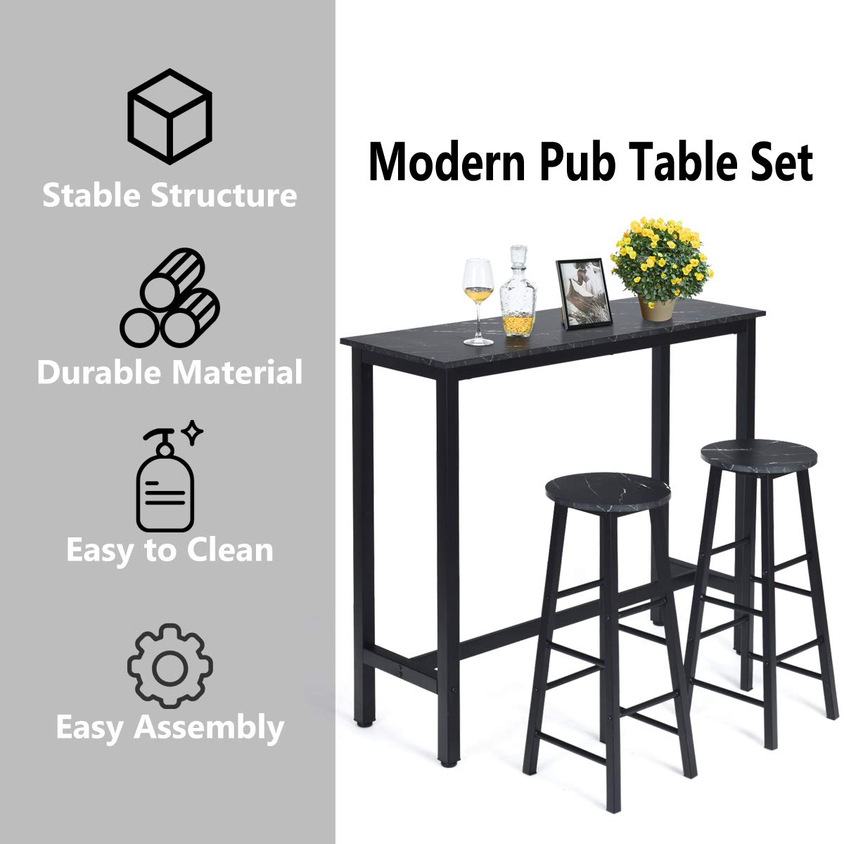 Dining Table Stools Set, 3PCS High Bar Table Set, w/Metal Frame & 2 Bar Stools