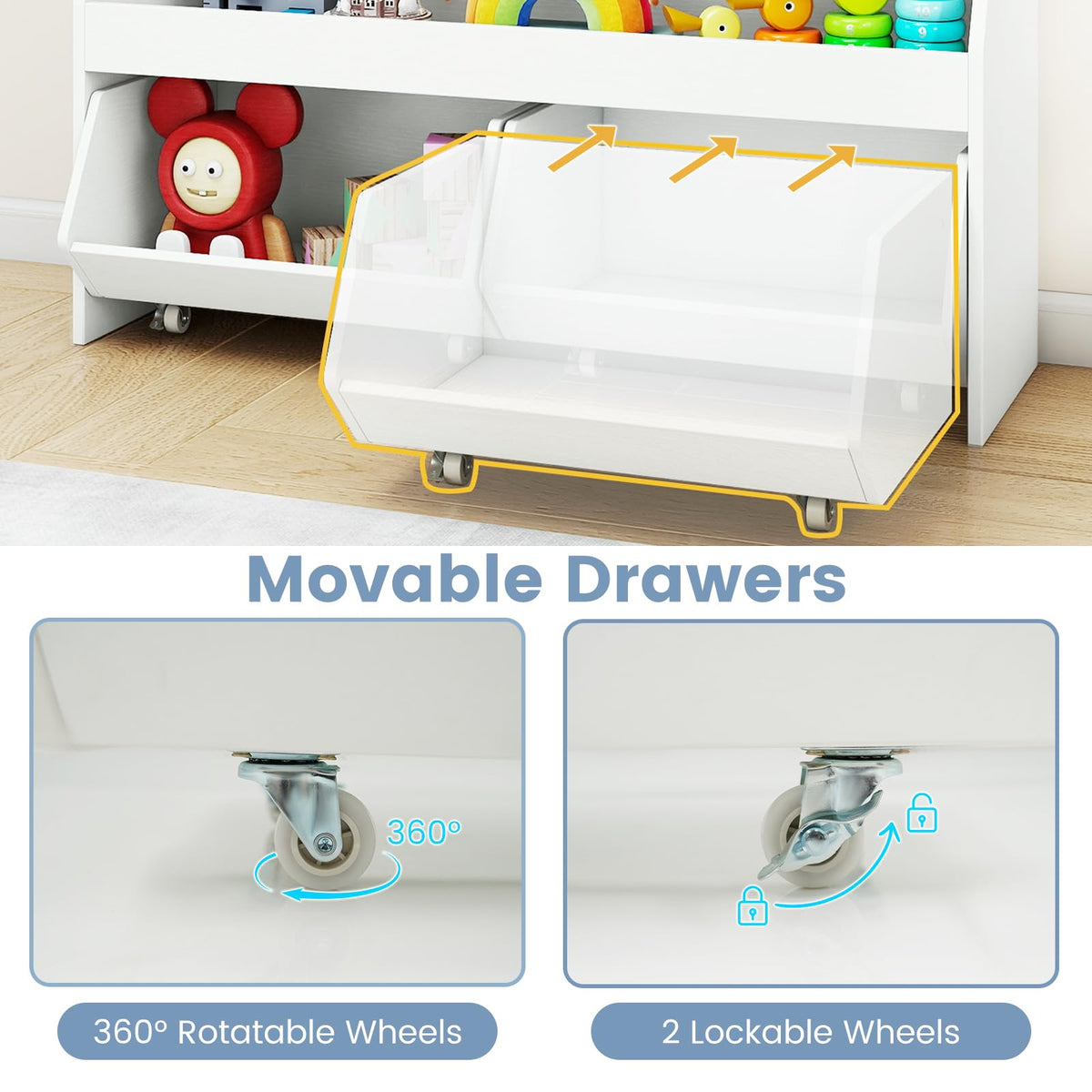 Kids Toy Storage Box, Children Wooden Bookcase with 2 Movable Drawers