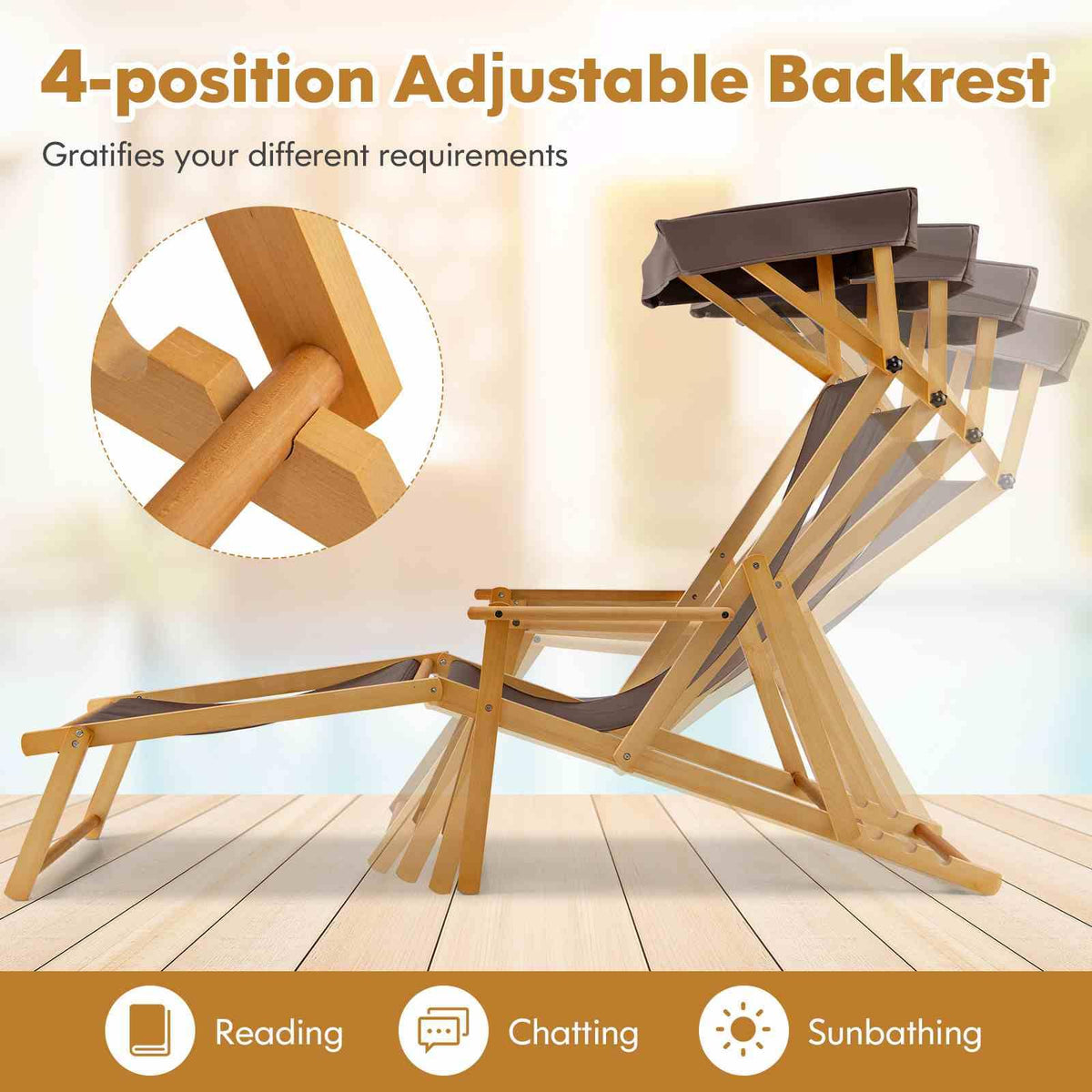 Birch Wood Chaise Lounge Chair with Adjustable Canopy and Reclining Backrest