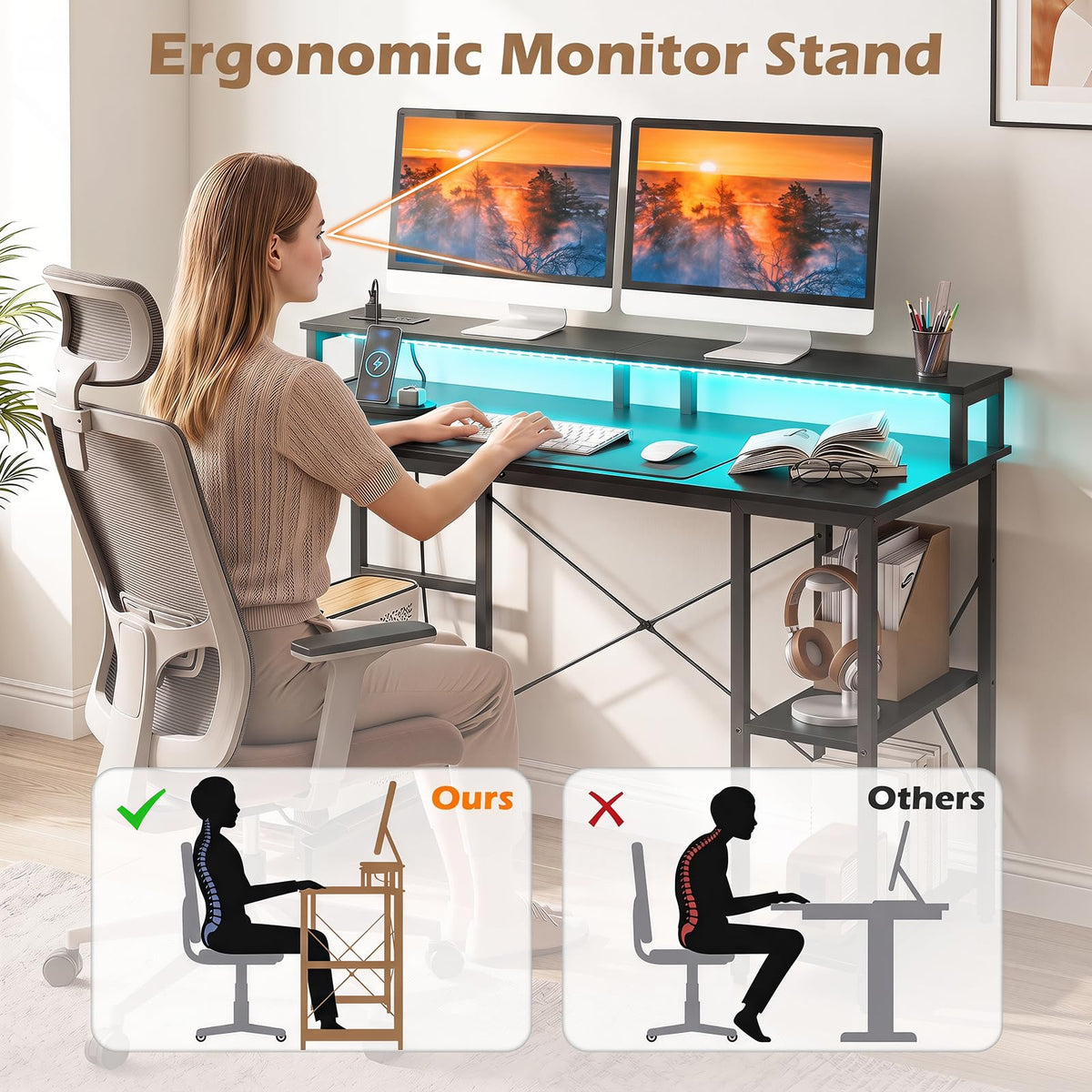 Giantex 120cm Computer Desk with Charging Station and LED Lights