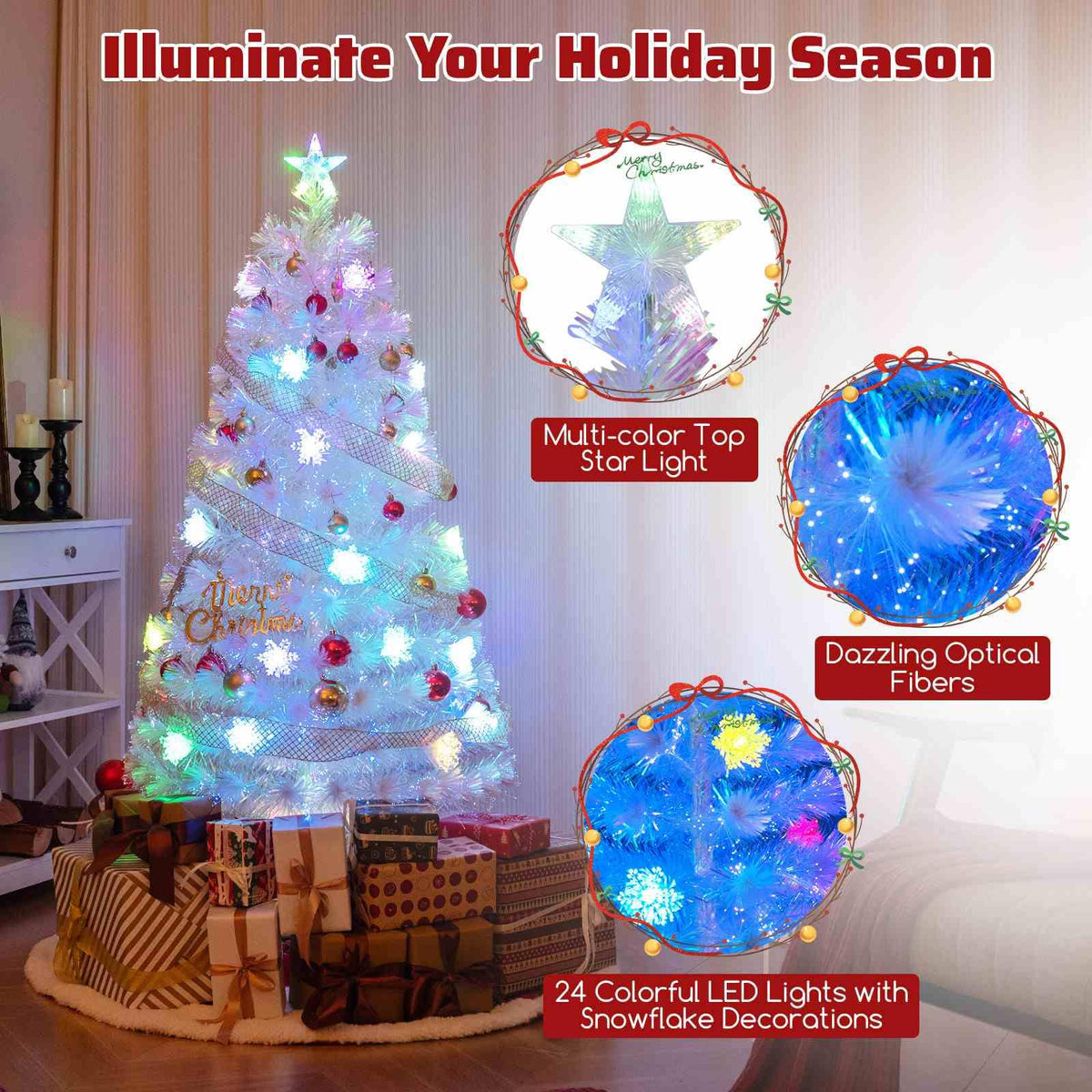 150/180/210cm Pre-Lit Fiber Optic Christmas Tree with Iridescent Leaves
