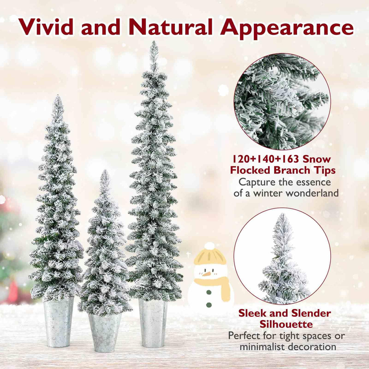 Set of 3 Snow-Flocked Christmas Tree with Silver Metal Buckets for Decoration