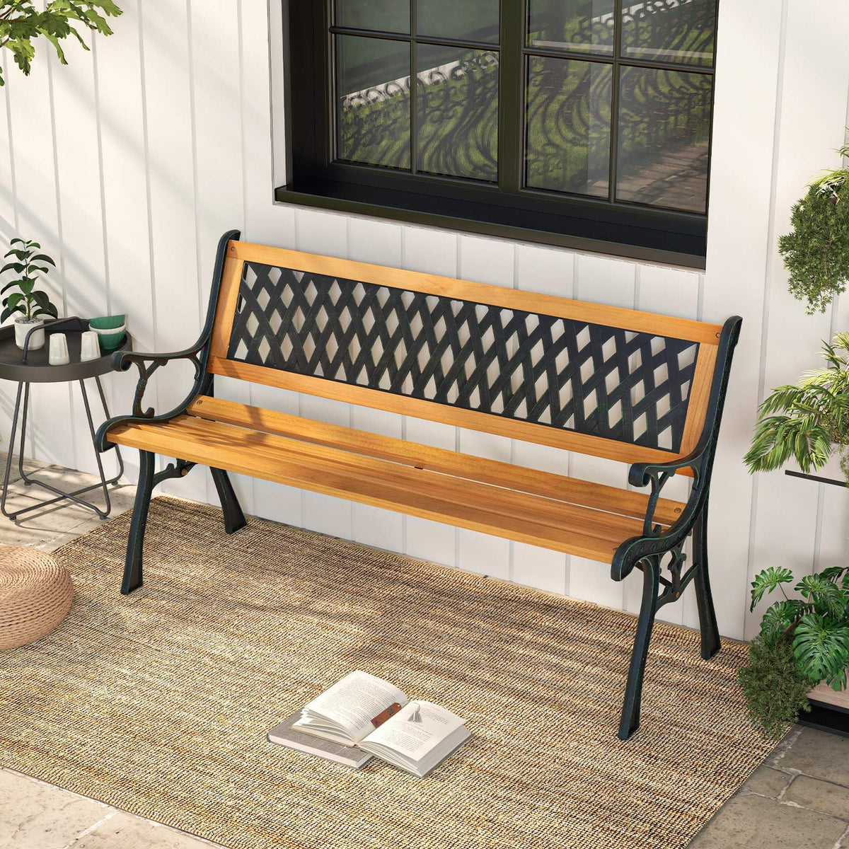 3-Person Outdoor Bench, Retro Park Bench w/Slatted Seat & Curved Armrests