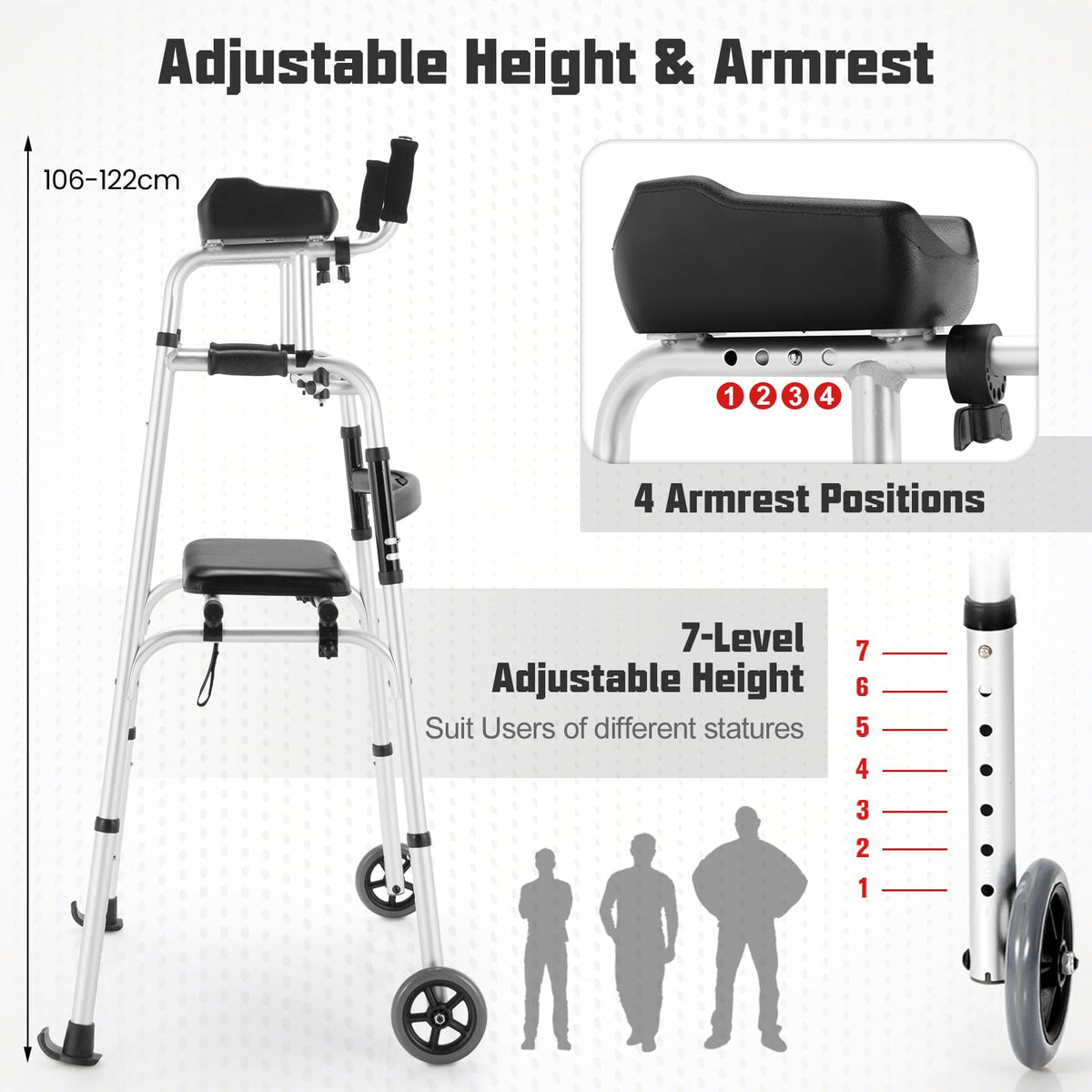 Folding Upright Walker with Seat Wheels and Removable Arm Support