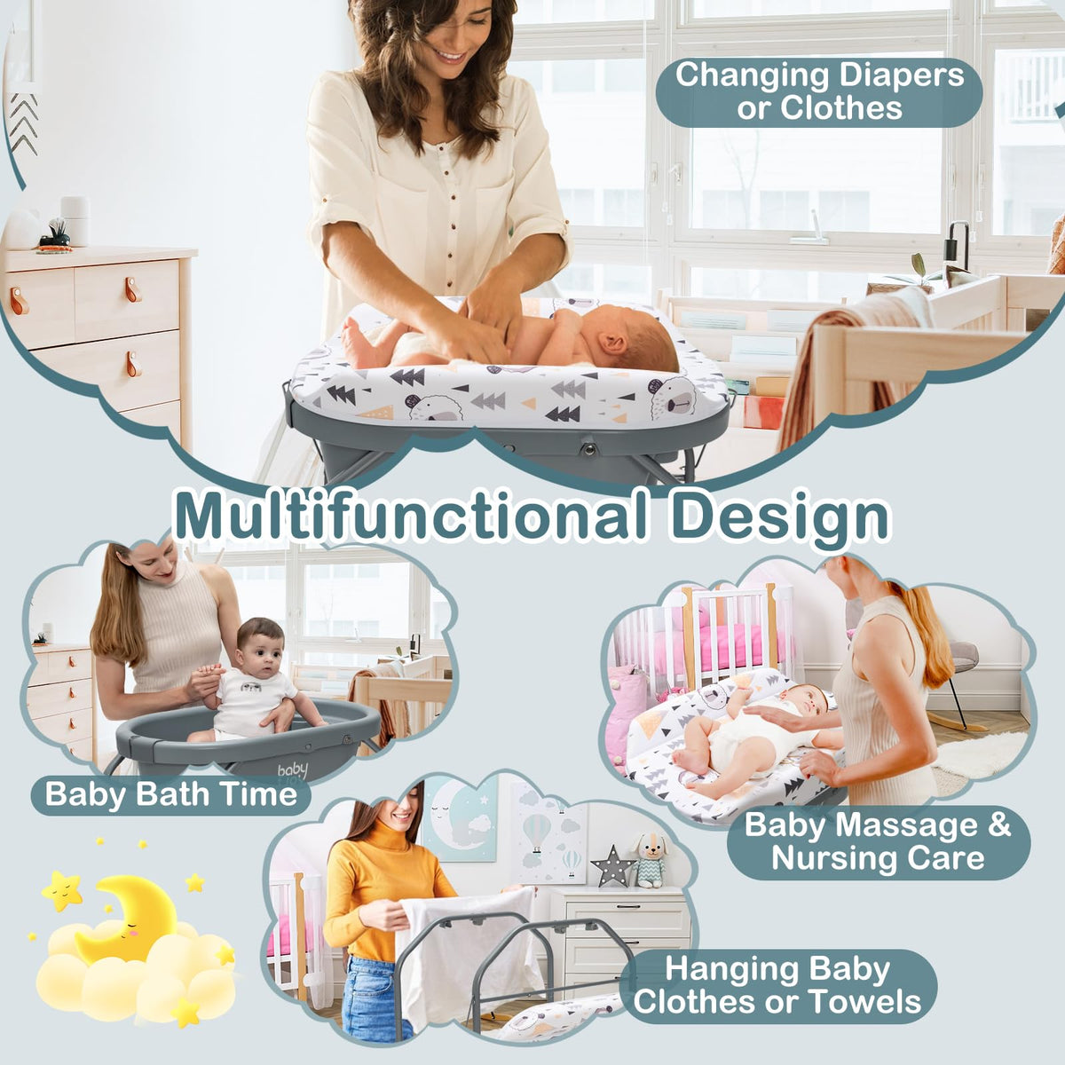 Baby Bathtub with Changing Table, Foldable Diaper Changing Station with Storage Tray