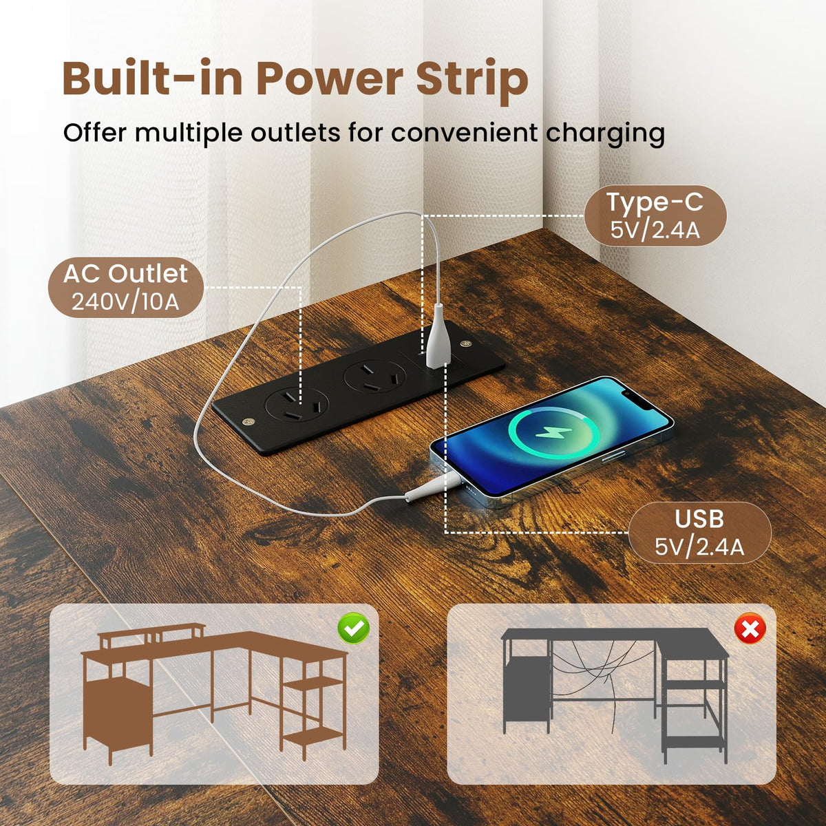Giantex L-Shaped Desk with Power Outlets, Reversible Corner Desk