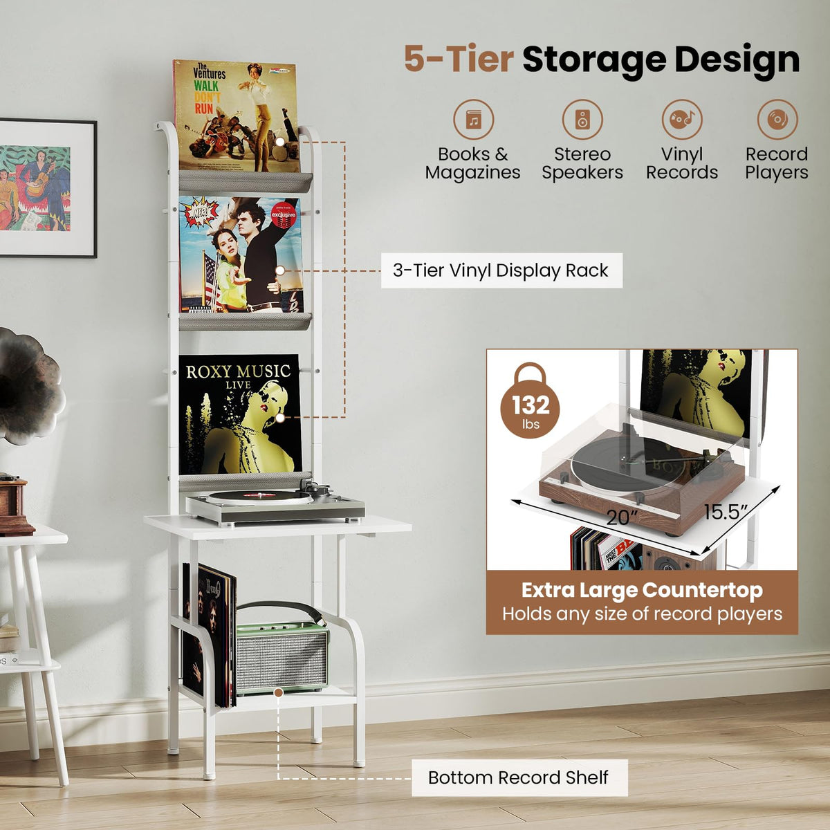 Giantex Record Player Stand with Vinyl Storage, 5-Tier Tall Turntable Stand