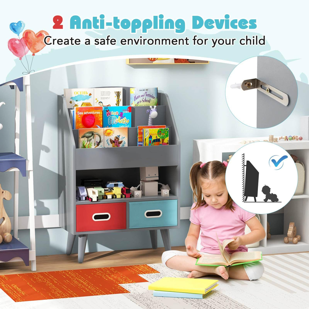 Detjer Book Rack Kids Bookshelf Book Display Rack with 3-Tier Bookshelves and 2 Drawers ...