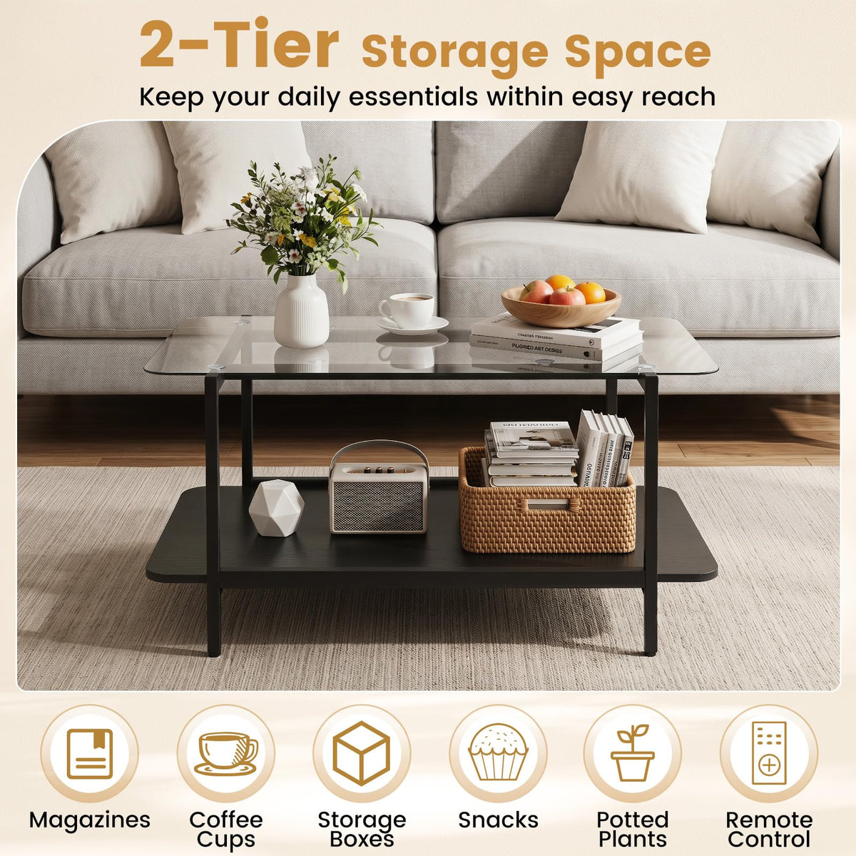 2-Tier Tempered Glass Coffee Table 95cm with Storage Shelf for Living Room