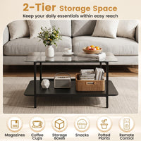 2-Tier Tempered Glass Coffee Table 95cm with Storage Shelf for Living Room