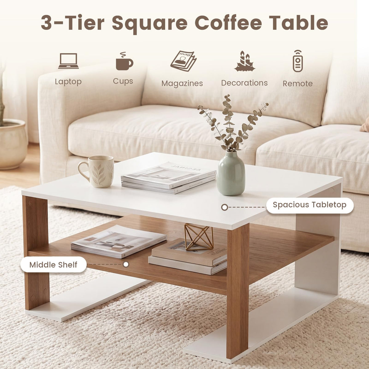 Modern Compact Center Table with Storage Shelf for Home or Office