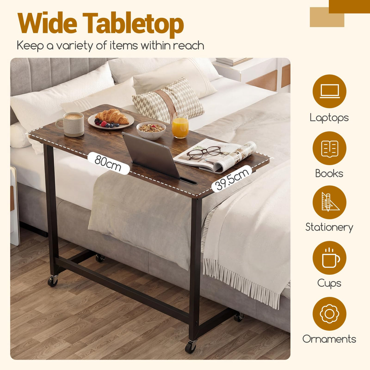 Mobile Side Table Rolling Laptop Desk Cart with Tablet Slot Over Bed Table with Wheels