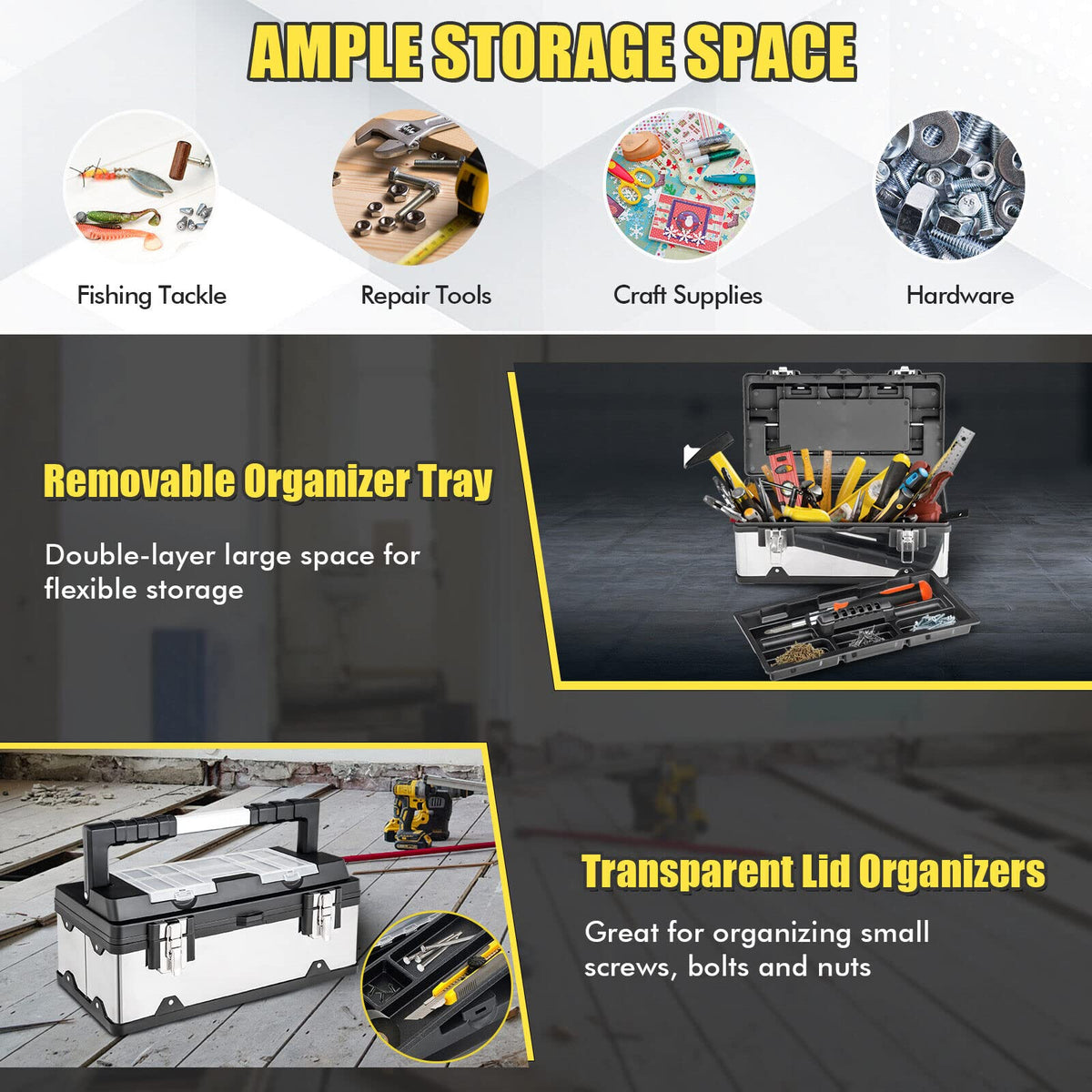 45 cm Tool Box, Lockable Storage Toolbox with Removable Tray, Multiple Compartments Lid