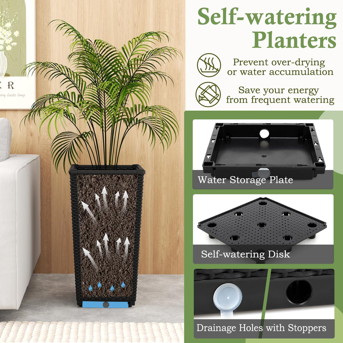 Tall Wicker Planter Box Set of 2 with Water Storage Plate