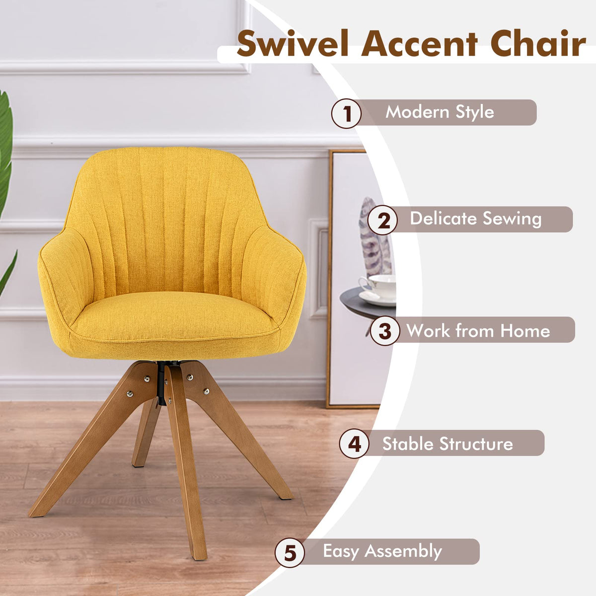 Giantex Modern Swivel Accent Chair, Dining Chair Upholstered Armchair w/Beech Wood Legs