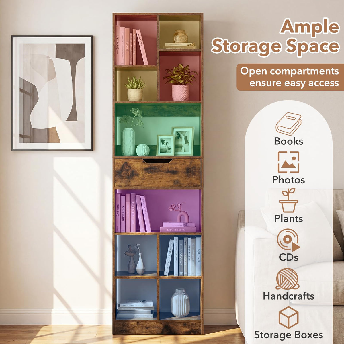 180cm Tall Freestanding Bookcase with Drawer and 2 Anti-Tip Kits for Home Office