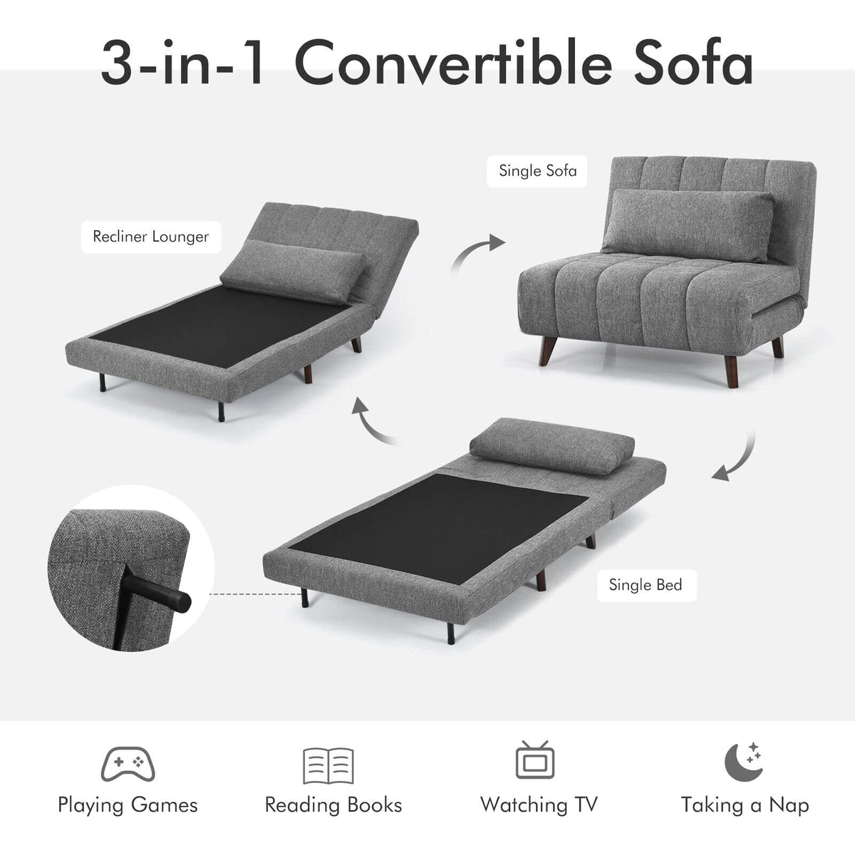 Tri-Fold Down Sofa Bed Chair with Solid Wood Legs