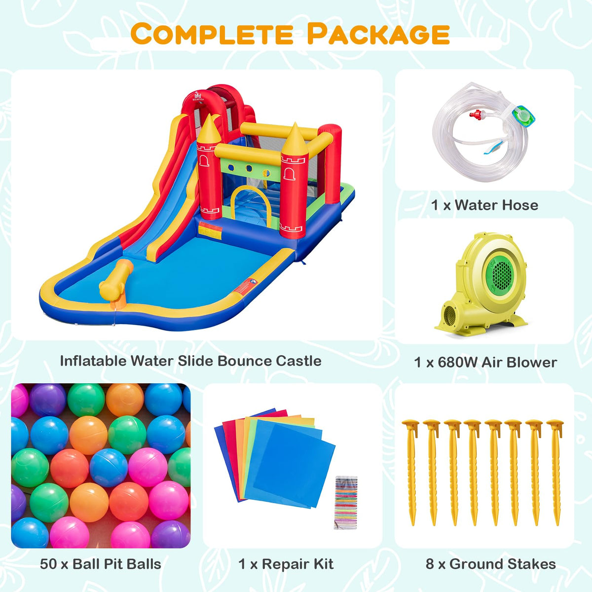 9-in-1 Inflatable Bounce Castle with Waterslide for 3+ (with 680W Blower)
