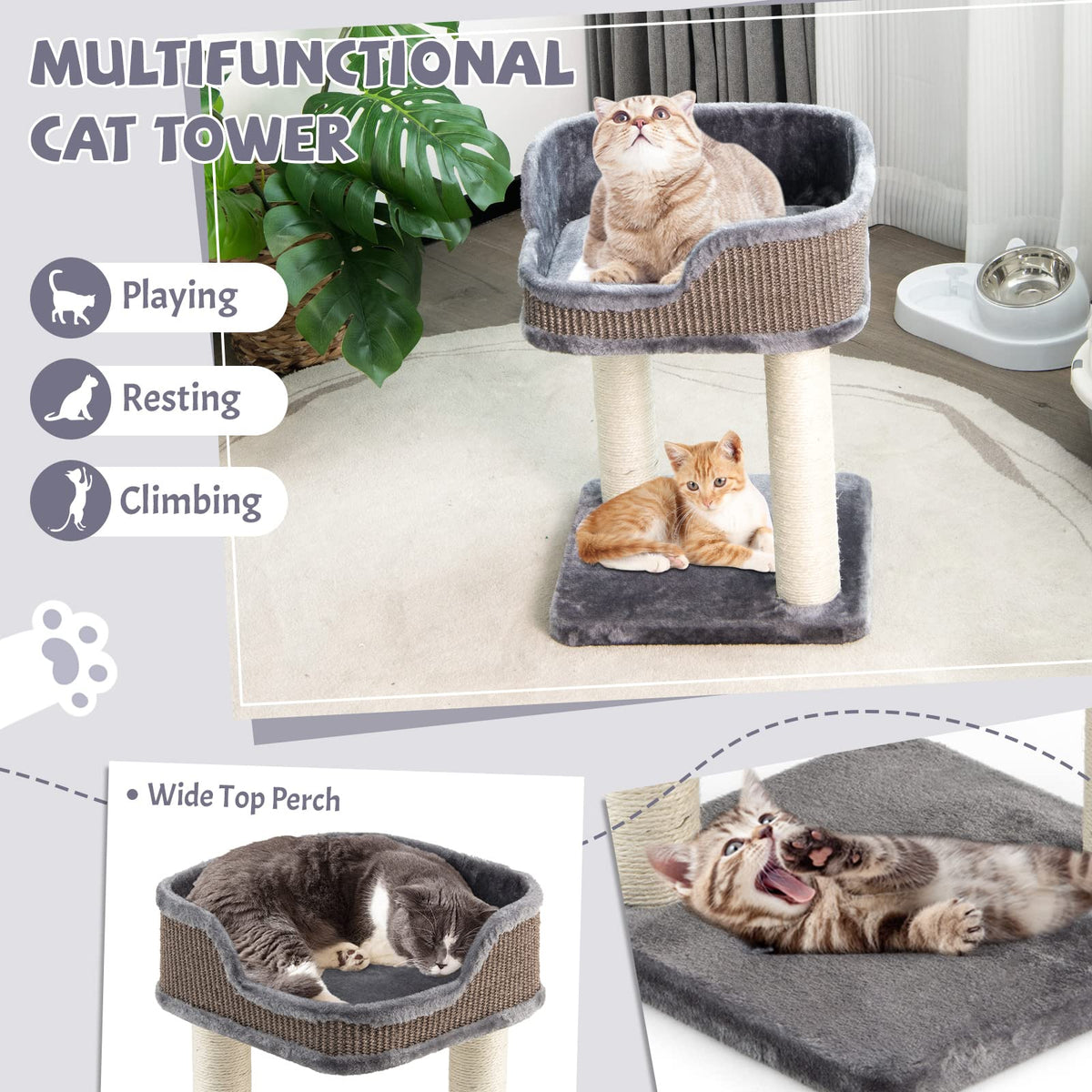 Cat Tree Tower, Compact 2-Tier Cat Activity Tree with Large Plush Top Perch Bed, Natural Sisal Wrapped Scratching Posts