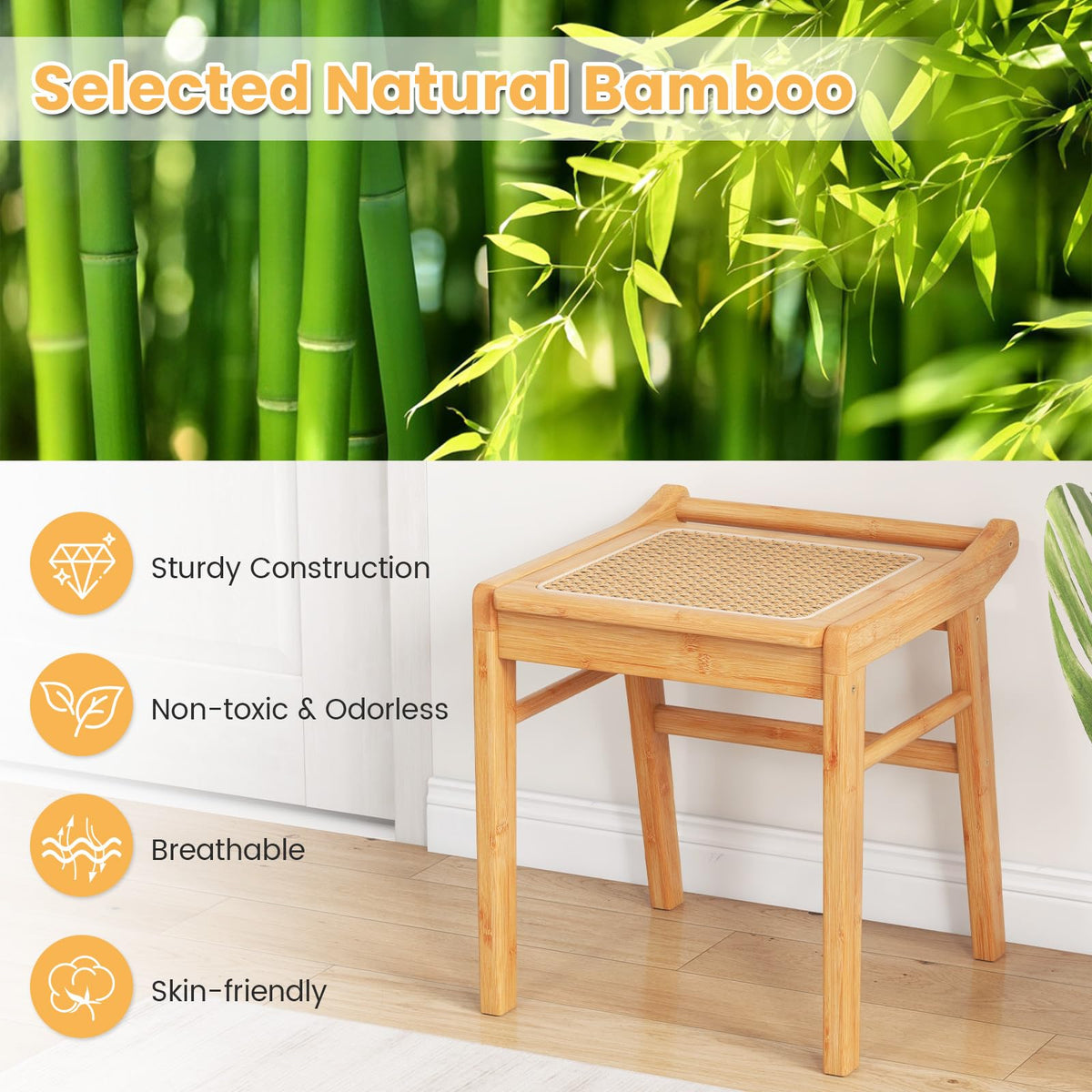 Giantex Bamboo Vanity Stool, Rattan Top Ottoman Footrest w/Anti-Slip Foot Pads