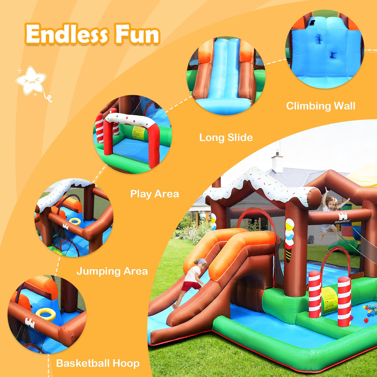 Inflatable Bounce House, Jumping Castle Snow Bounce House for Kids w/ Large Jump Play Area (with 450W Blower)