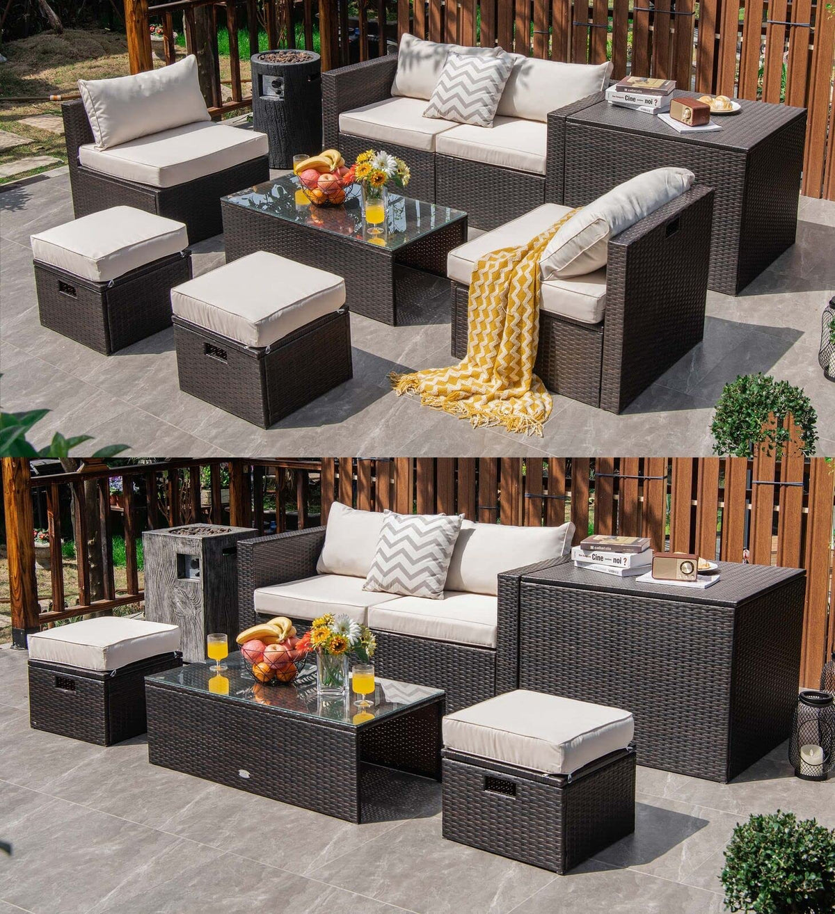 8-Piece Outdoor Patio Furniture Set, Outdoor Space-Saving PE Rattan Conversation Set with Storage Box