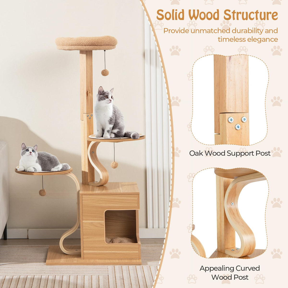 Wooden Cat Tree, 1.3 M Tall Cat Tower w/Cat Condo, Plush Top Perch