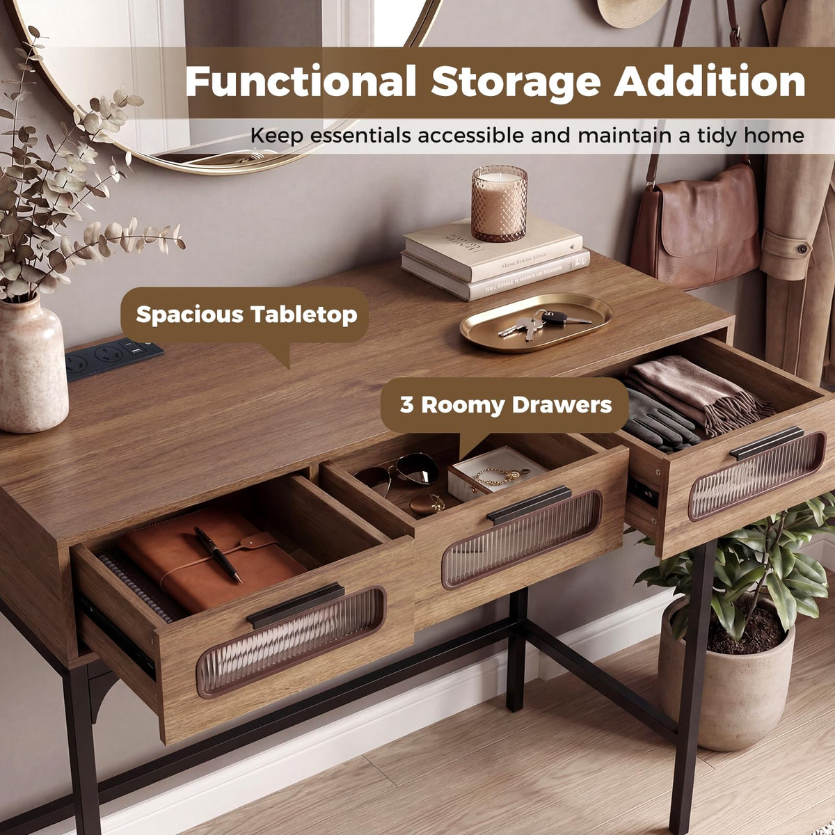 Console Table with LED Lights and Charging Station for Living Room and Hallway