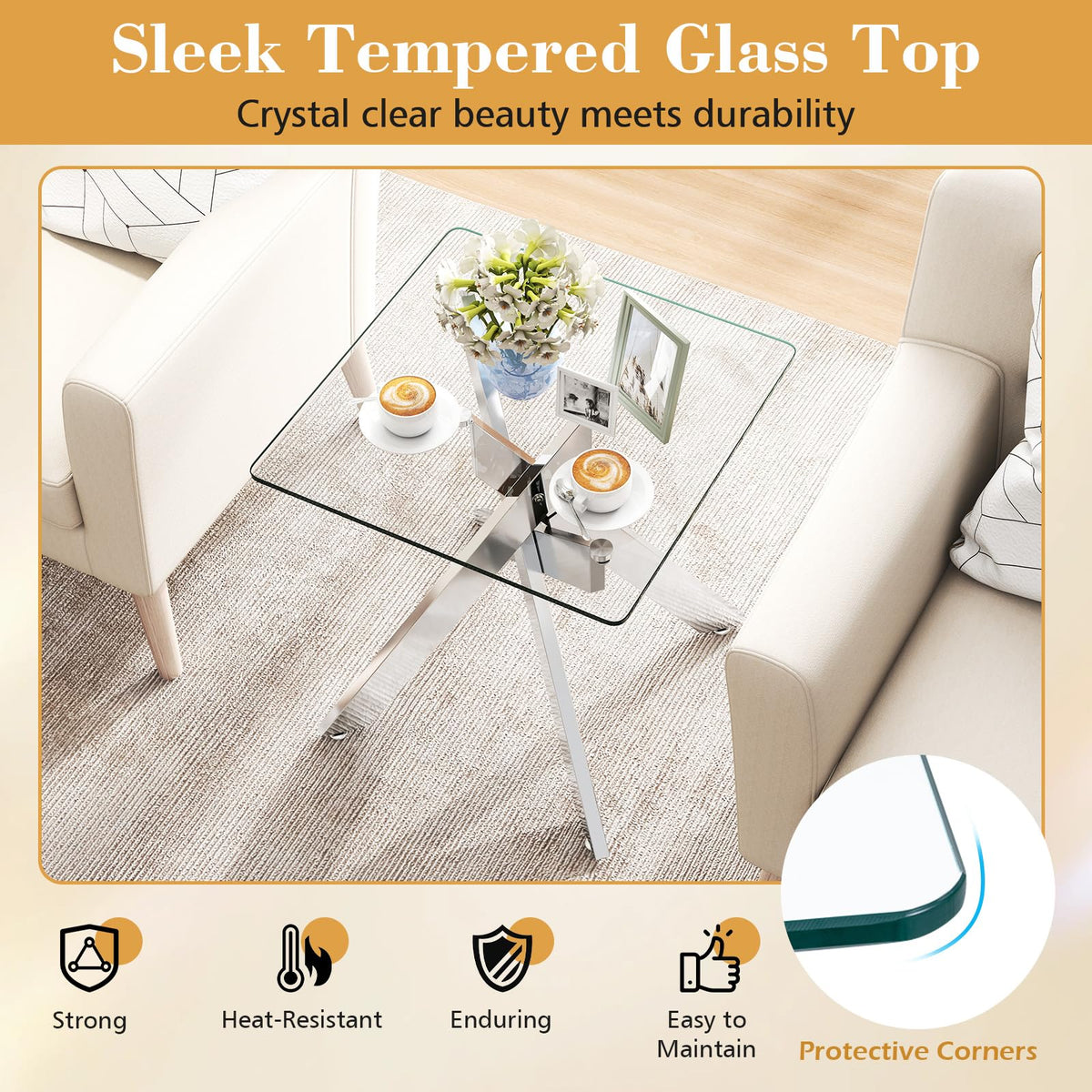 Glass Side Table with Tempered Glass Top and Metal X Base for Living Room and Bedroom