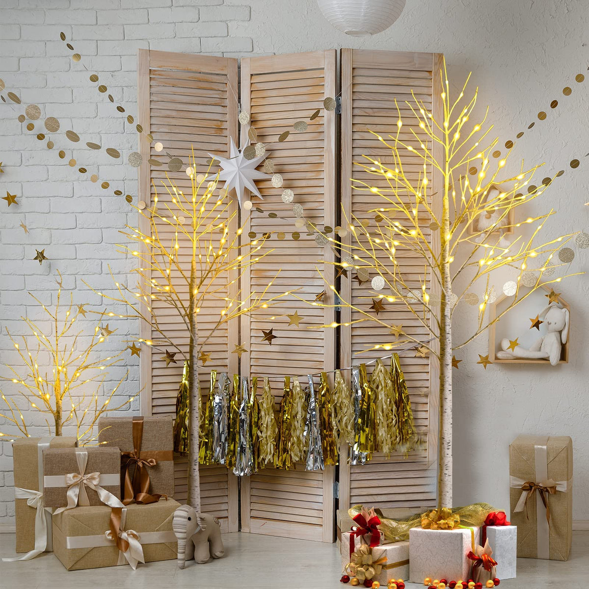 1.2/1.5/1.8 M Artificial Twig Birch Tree with 48/72/96 Warm White LED Lights for Christmas