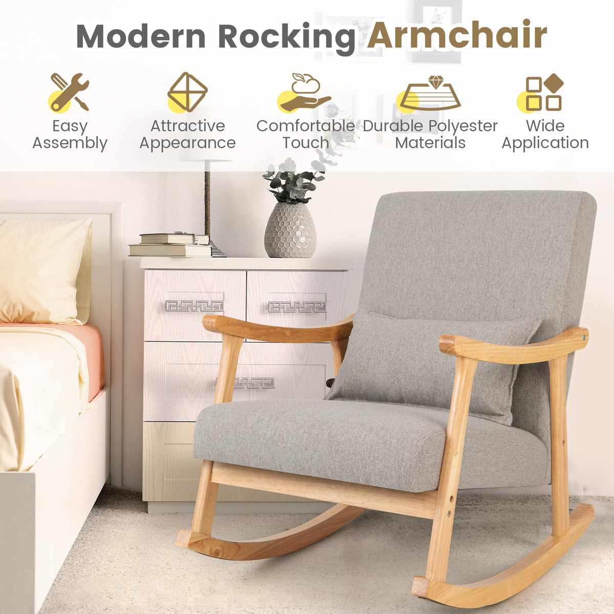 Giantex Upholstered Nursery Rocking Chair w/Lumbar Pillow