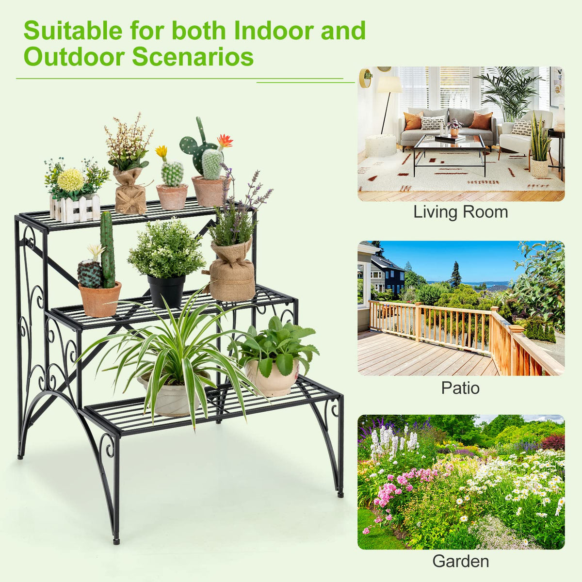 3-Tier Ladder Style Plant Rack with Widened Grid Shelf