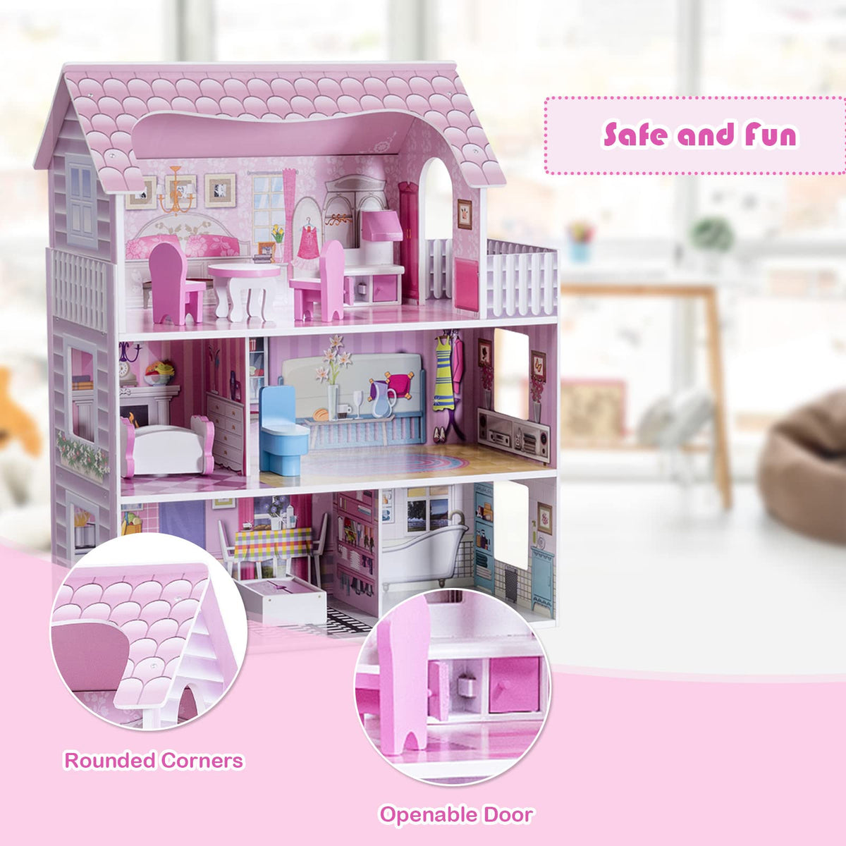 Pretend Play Kids Doll’s House w/3 Floors & 5 Rooms, Princess Mini Toy House Furniture Playset