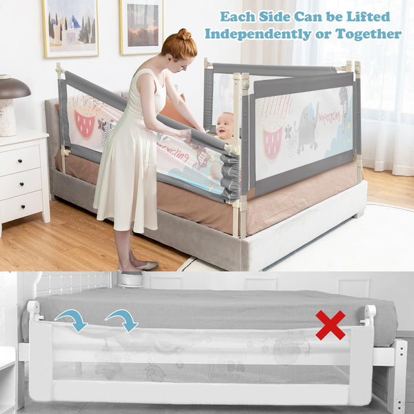 176CM Toddler Bedrail, 72.5-101.5 CM Extra Tall Bed Guardrail w/Anti-Collision Cotton & Side Pocket