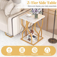 Faux Marble Bedside NightStand with Storage Shelf and Petal-Inspired Metal Frame